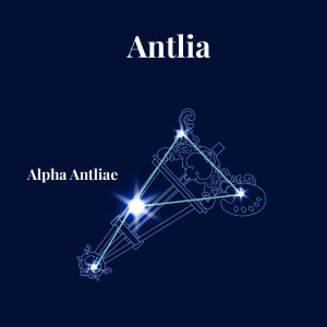 Antlia constellation showing its star formation, mythical outline and brightest star